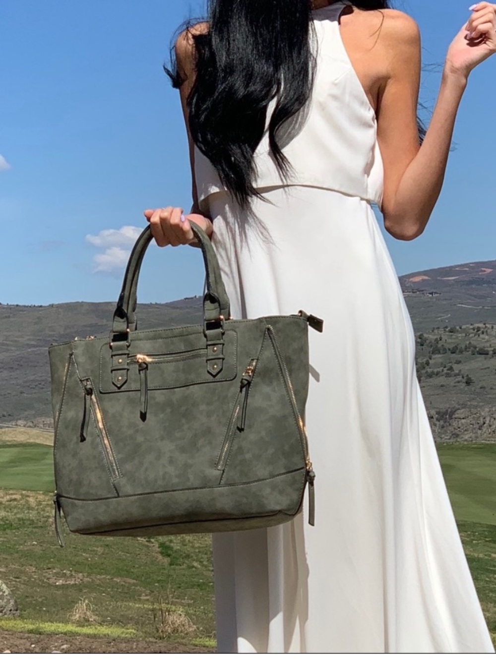 Violet Ray Charlii Zipper Tote Bag Satchel Green Large